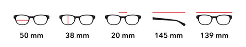 Lens width - 50mm, Lens height - 34.5mm, Bridge - 20mm, Temple - 145mm, Overall width - 139.5mm