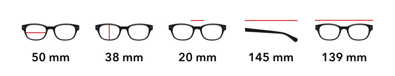 Lens width - 50mm, Lens height - 34.5mm, Bridge - 20mm, Temple - 145mm, Overall width - 139.5mm