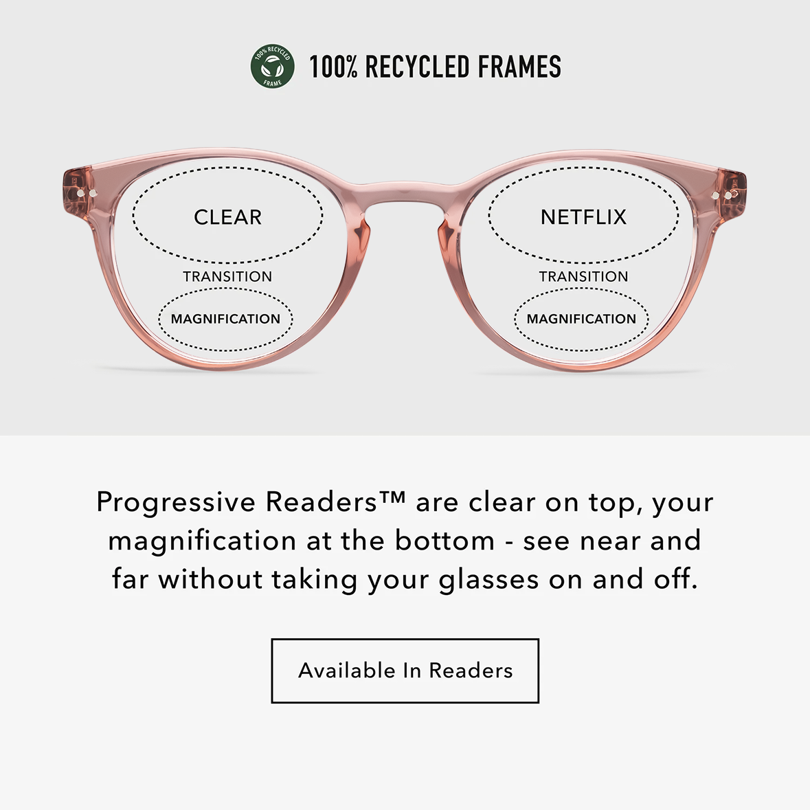 Round glasses with a shiny pink frame and clear lenses.