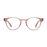 Round shiny pink frames with clear lenses.
