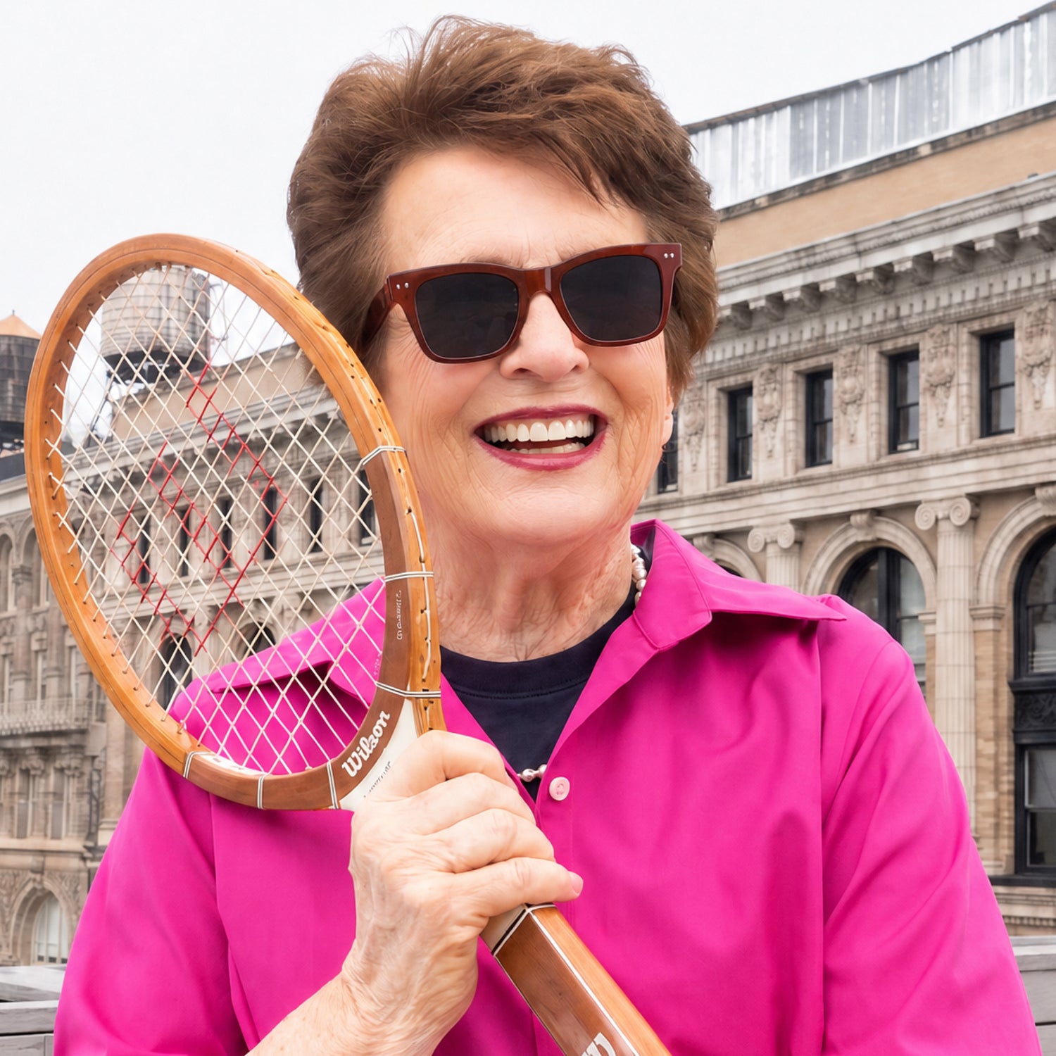 Smiling woman in red sunglasses holds a vintage tennis racket in front of a historic building.