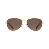 Gold aviator sunglasses with a polished frame and dark brown tinted lenses.