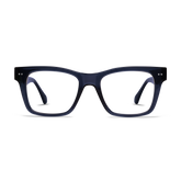 Square shiny navy frames with clear lenses.
