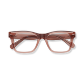 Translucent rose-gold rectangular eyeglass frames with angular double-bridge detailing.
