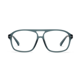 Rounded rectangular blue grey eyeglass frames with clear lenses.