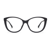 Black cat eye frames with clear lenses.