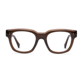 Square frames in a shiny espresso brown finish with clear lenses.