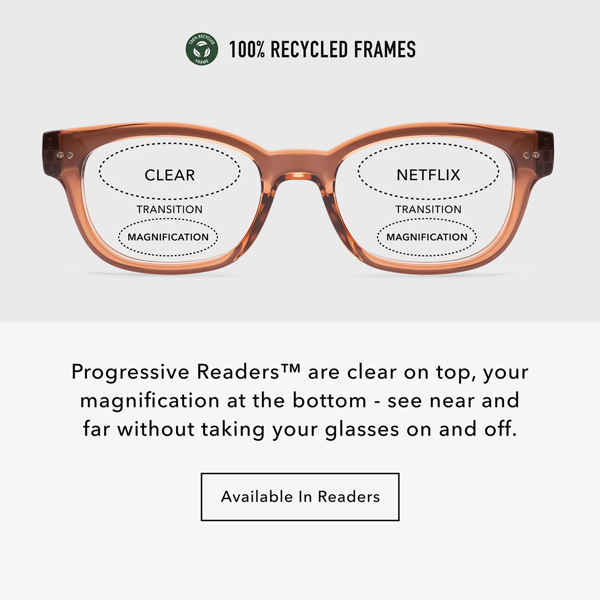 KT01PSCI10, KT01PSCI15, KT01PSCI20, KT01PSCI25, KT01PSCI30 - Rectangular glasses with a shiny cinnamon coloured frame and clear lenses.