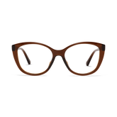 KR56SES10, KR56SES15, KR56SES20, KR56SES25, KR56SES30 - Shiny espresso brown glasses with a rounded rectangular frame and clear lenses.