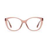 Round pink eyeglass frames with a shiny finish and clear lenses.