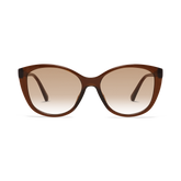 Cat eye sunglasses with shiny dark brown frames and light brown tinted lenses.