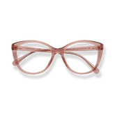 Translucent pink cat-eye reading glasses with tortoiseshell-style detailing and clear nose pads.