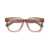 Translucent rose pink square reading glasses with tortoiseshell accents.