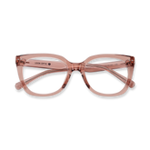 Translucent pink cat-eye eyeglasses with a double bridge and clear temple accents.