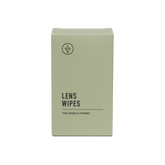 A rectangular sage green box of LOOK LENS WIPES, featuring black text and a circular logo on a clean white background.