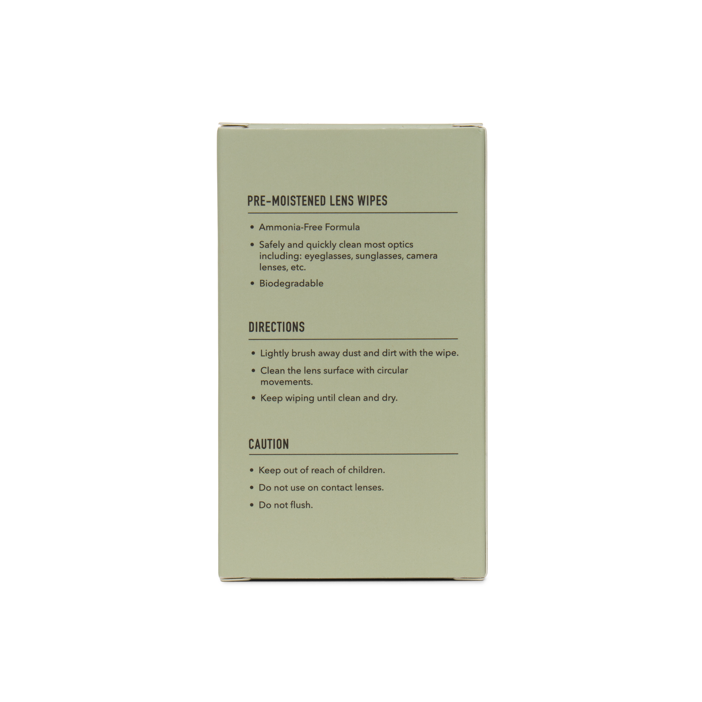 The back of a rectangular product box for pre-moistened lens wipes, shown against a plain white background. The box is a muted sage green with black text detailing product features, directions, and precautions.