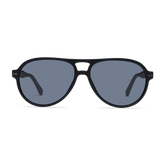 Black aviator sunglasses with a glossy finish and dark gray tinted lenses.