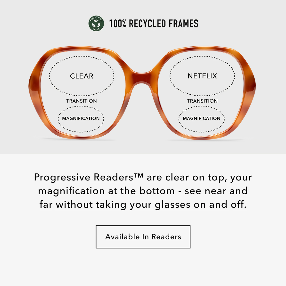 LD04PSVT10, LD04PSVT15, LD04PSVT20, LD04PSVT25, LD04PSVT30 - Rounded square glasses with a shiny brown and orange tortoise pattern and clear lenses.