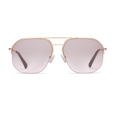 Square gold frames with a pink tint to the lenses.