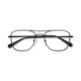 Matte black aviator-style eyeglasses with a double bridge and clear lenses, folded and shown from above.