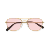 Gold aviator-style eyeglasses with a double bridge and light pink tinted lenses, folded and shown from above.
