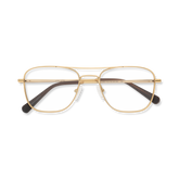 Gold aviator-style eyeglasses with a double bridge and clear lenses, folded and shown from above.