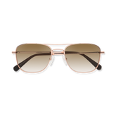 Shiny rose gold aviator-style eyeglasses with a double bridge and brown gradient tinted lenses, folded and shown from above.