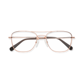 Shiny rose gold aviator-style eyeglasses with a double bridge and clear lenses, folded and shown from above.