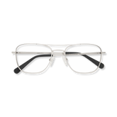 Silver aviator-style eyeglasses with a double bridge and clear lenses, folded and shown from above.