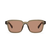 Rectangle sunglasses with a shiny olive green frame and warm brown tinted lenses.