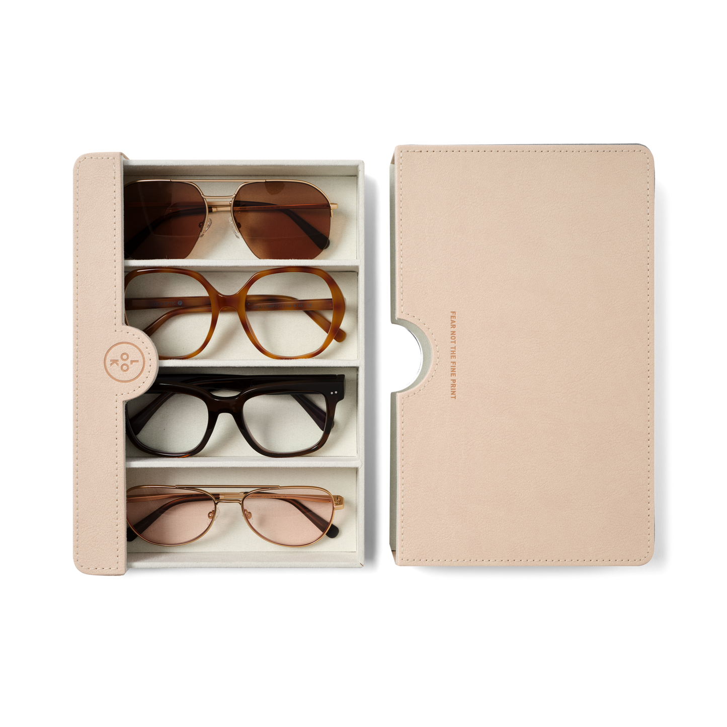 Four pairs show gold aviators with brown lenses, tortoiseshell rounded frames, dark square frames, and rose gold aviators with pink lenses.