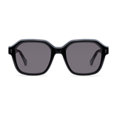 Rectangle sunglasses with a shiny black frame and grey tinted lenses.
