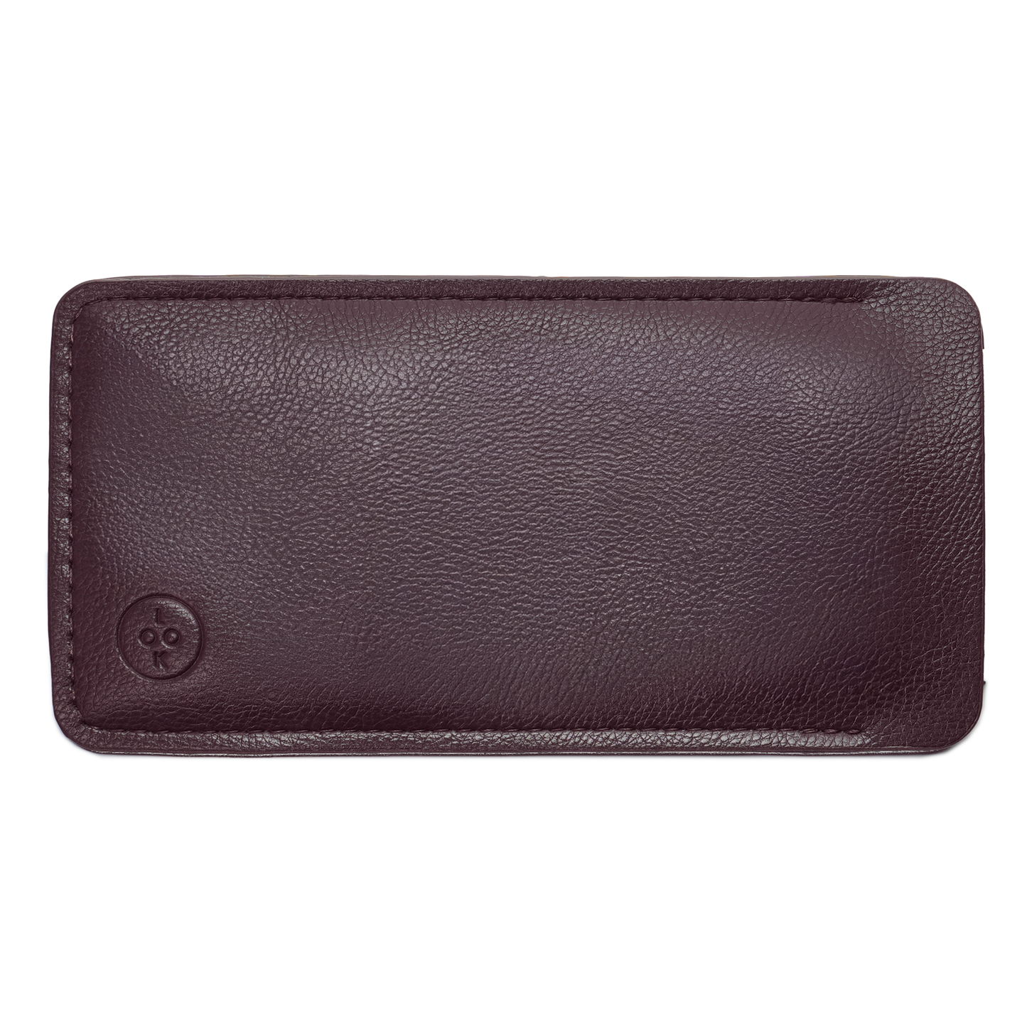 Brown vegan leather glasses case with a textured finish and embossed button closure.