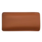 Tan vegan leather eyeglass case with rounded edges, stitched seams, and embossed logo.