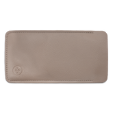 Taupe vegan leather eyewear case with rounded corners and an embossed logo.