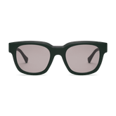 Square forest green frames with a dark finish and pale pink tinted lenses.