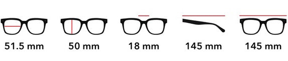 Lens width - 51.5mm, Lens height - 50mm, Bridge - 18mm, Temple - 145mm, Overall width - 145mm