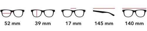 Lens width - 52mm, Lens height - 39mm, Bridge - 17mm, Temple - 145mm, Overall width - 140mm