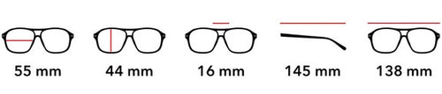 Lens width - 55mm, Lens height - 44mm, Bridge -16mm, Temple - 145mm, Overall width - 138mm