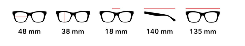 Five black eyeglass frame diagrams labeled 48 mm, 38 mm, 18 mm, 140 mm, and 135 mm.