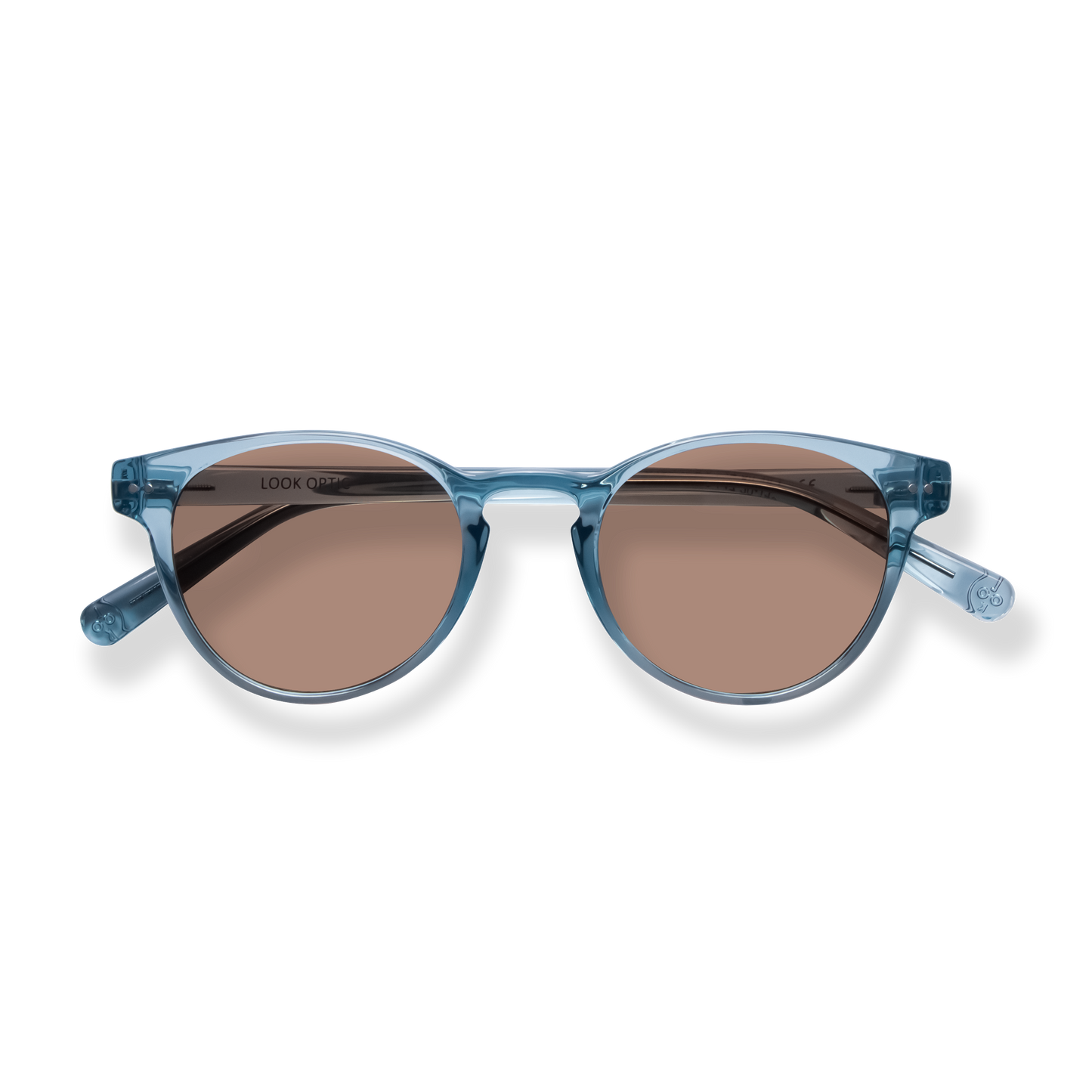 
Blue translucent round sunglasses with brown lenses and patterned temples.