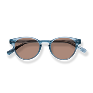 
Shiny aqua round sunglasses photographed flat from above.