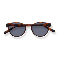 
Tortoiseshell round-frame sunglasses with dark gray lenses.