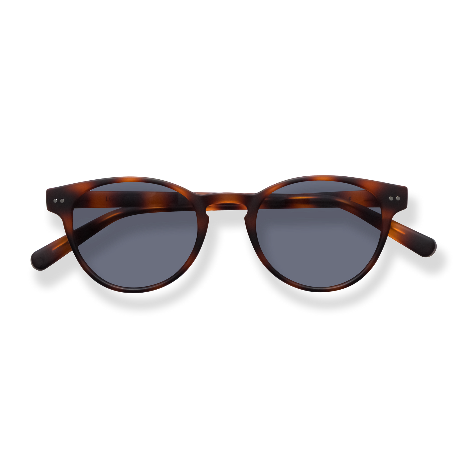 
Tortoiseshell round-frame sunglasses with dark gray lenses.