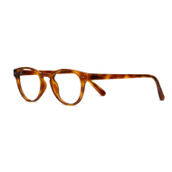 
Round chestnut brown frames with clear lenses.