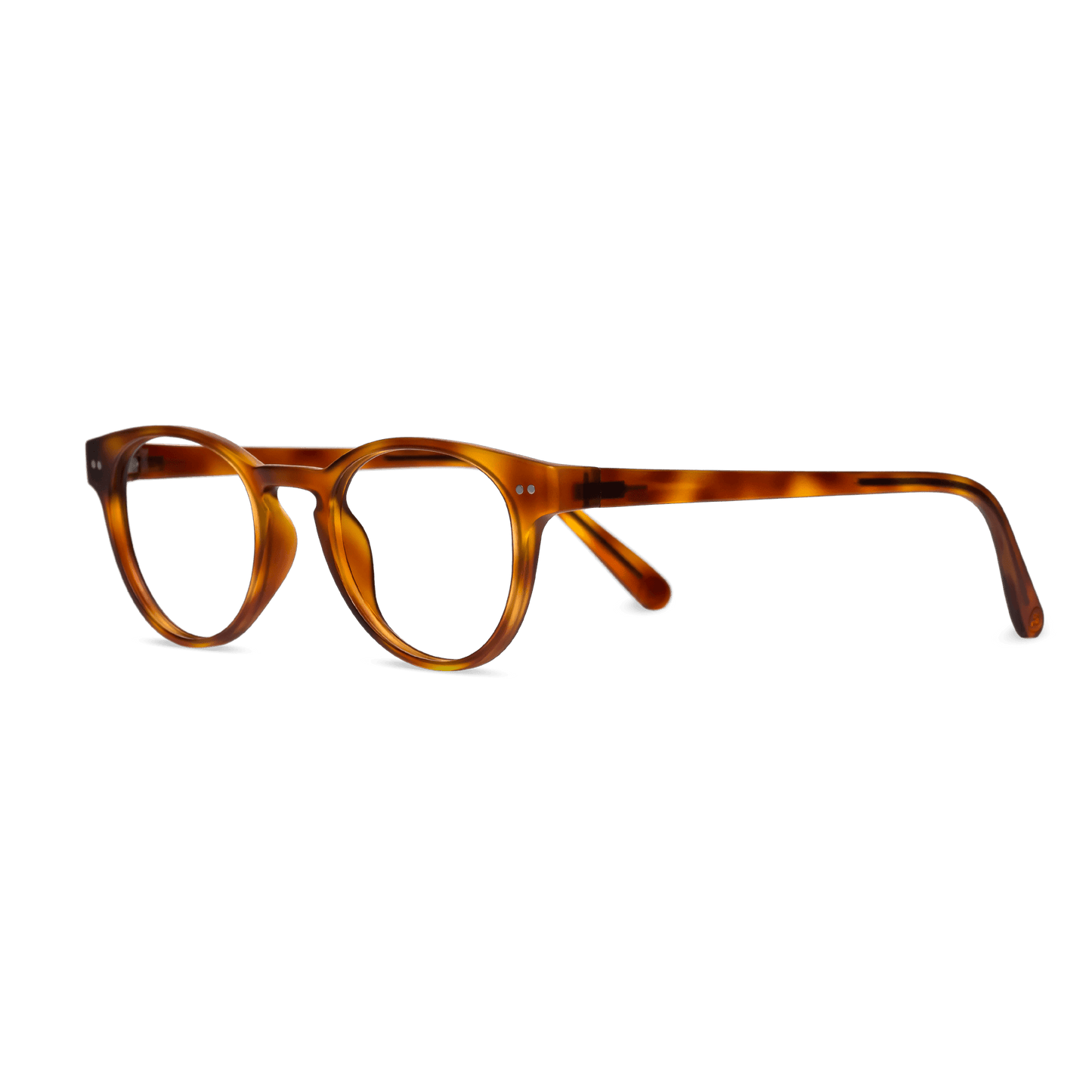 
Round chestnut brown frames with clear lenses.
