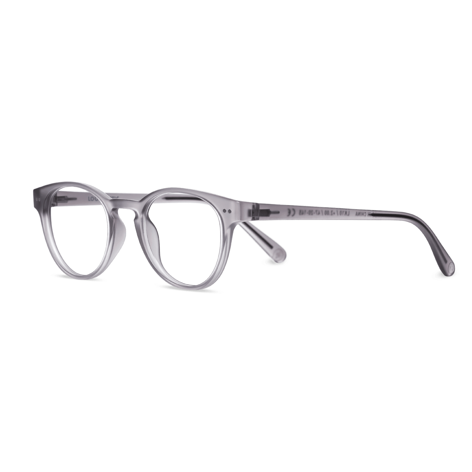 
Round translucent gray glasses with clear lenses.