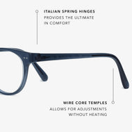
Round navy frames with a glossy finish and clear lenses.