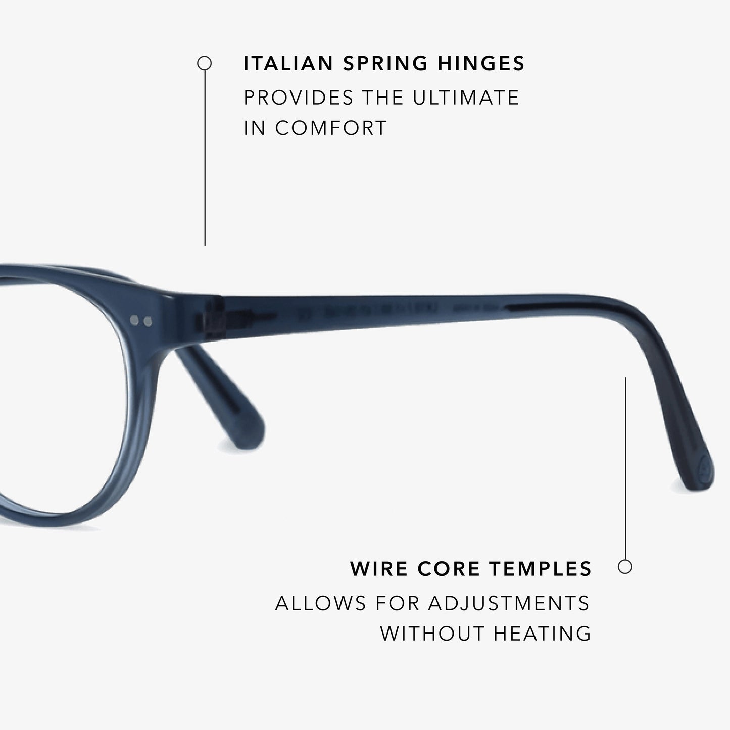 
Round navy frames with a glossy finish and clear lenses.