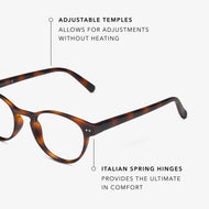 
Round tortoise eyeglasses with clear lenses.